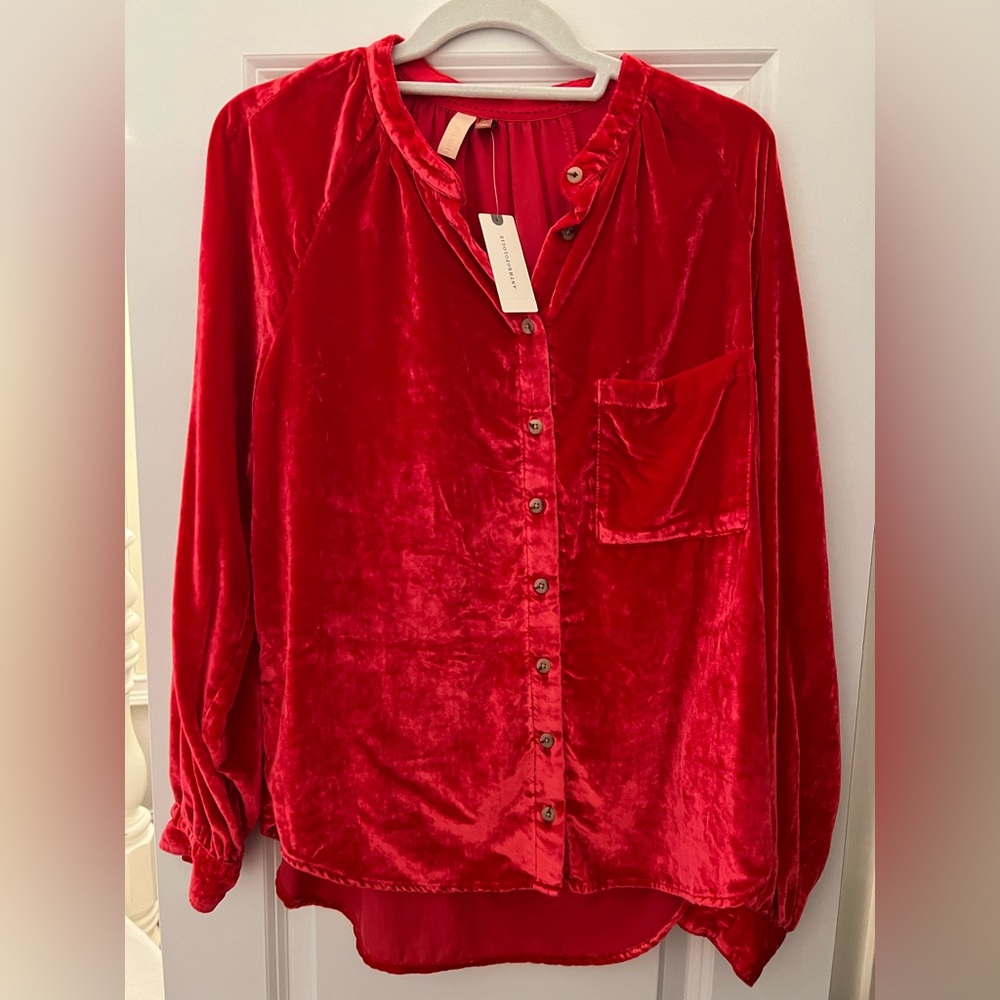 Anthropologie velvet button down, red
